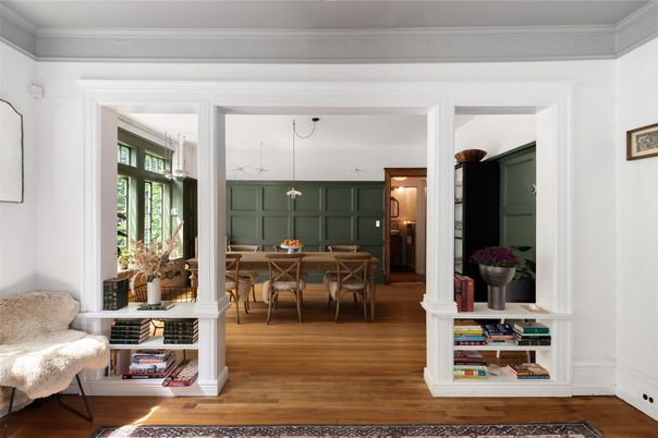 Dining room, Interior, Pendant Lights, Wood Texture Flooring