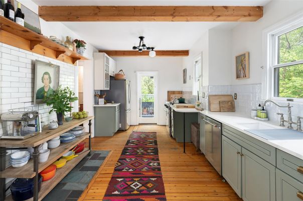 Interior, Kitchen, Stainless Steel Appliances, Wooden Beams, Wood Texture Flooring