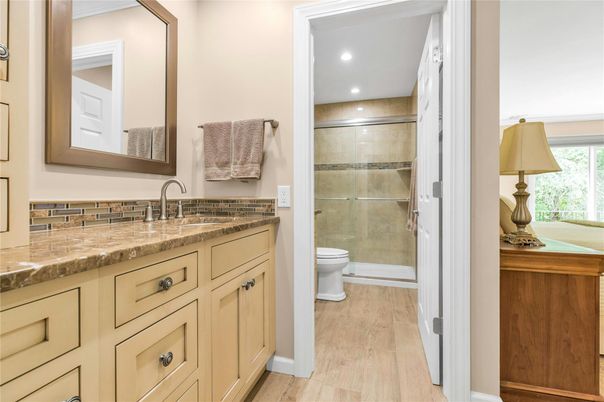 Bathroom, Glass Shower, Interior, Recessed Lighting, Wood Texture Flooring