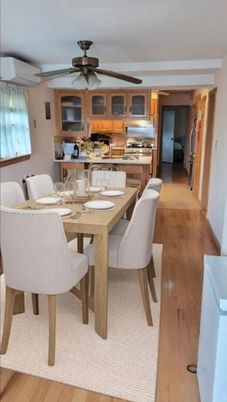 Dining room, Interior, Kitchen, Stainless Steel Appliances, Wood Texture Flooring