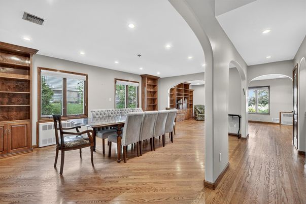 Dining room, Interior, Recessed Lighting, Wood Texture Flooring