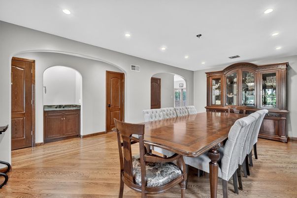Dining room, Interior, Recessed Lighting, Wood Texture Flooring