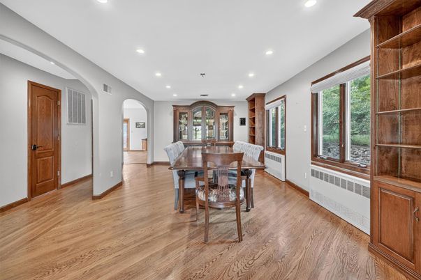 Dining room, Interior, Recessed Lighting, Wood Texture Flooring