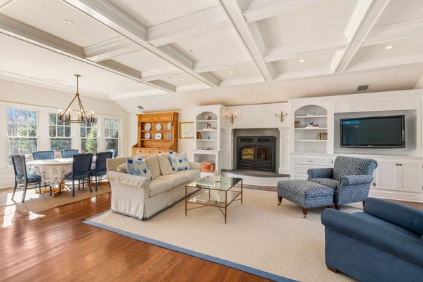 Chandelier, Dining room, Fireplace, Interior, Living room, Recessed Lighting, Wood Texture Flooring