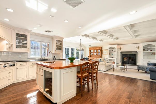 Chandelier, Dining room, Fireplace, Interior, Kitchen, Living room, Pendant Lights, Recessed Lighting, Wood Texture Flooring
