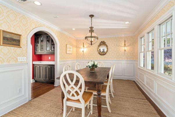 Dining room, Interior, Pendant Lights, Recessed Lighting, Wood Texture Flooring