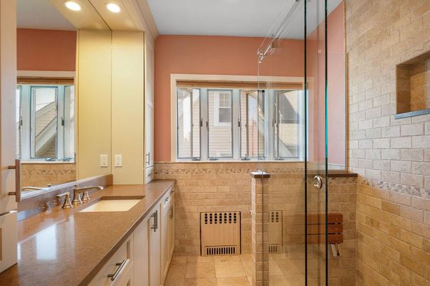 Bathroom, Glass Shower, Interior, Recessed Lighting, Stone Walls