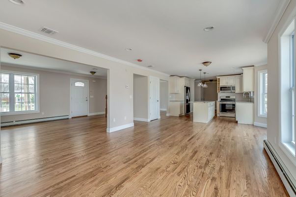 Empty room, Interior, Kitchen, Stainless Steel Appliances, Wood Texture Flooring