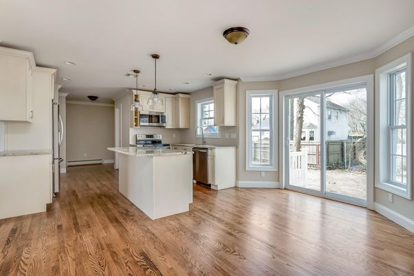 Interior, Kitchen, Pendant Lights, Recessed Lighting, Stainless Steel Appliances, Wood Texture Flooring