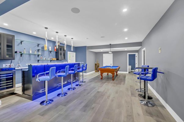 Billiard Table, Game Room, Interior, Pendant Lights, Recessed Lighting, Wood Texture Flooring