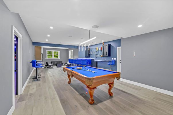 Billiard Table, Fitness Equipment, Game Room, Interior, Pendant Lights, Recessed Lighting, Wood Texture Flooring