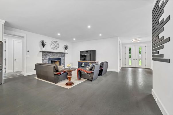 Fireplace, Interior, Living room, Recessed Lighting, Wood Texture Flooring