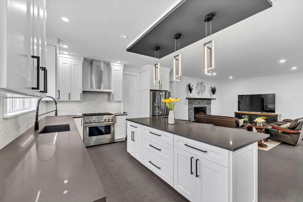 Fireplace, Interior, Kitchen, Pendant Lights, Recessed Lighting, Stainless Steel Appliances, Wood Texture Flooring