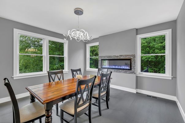 Dining room, Fireplace, Interior, Pendant Lights