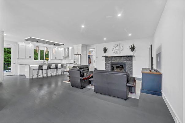 Fireplace, Interior, Kitchen, Living room, Recessed Lighting