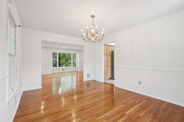 Chandelier, Empty room, Interior, Recessed Lighting, Wood Texture Flooring