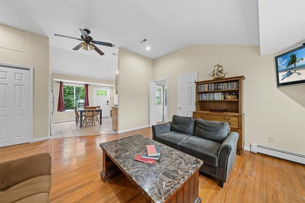 Dining room, Interior, Living room, Recessed Lighting, Wood Texture Flooring