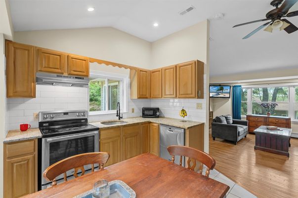 Dining room, Interior, Kitchen, Living room, Recessed Lighting, Wood Texture Flooring
