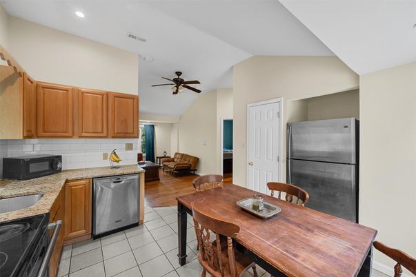 Dining room, Interior, Kitchen, Recessed Lighting, Wood Texture Flooring