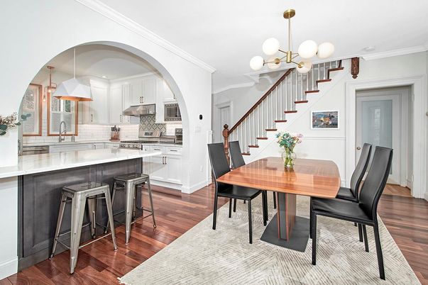 Dining room, Interior, Kitchen, Pendant Lights, Stainless Steel Appliances, Wood Texture Flooring
