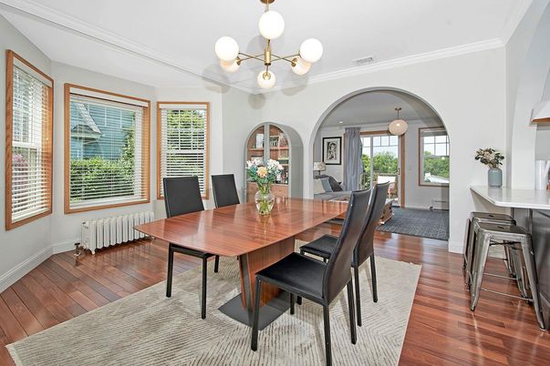 Dining room, Interior, Pendant Lights, Wood Texture Flooring