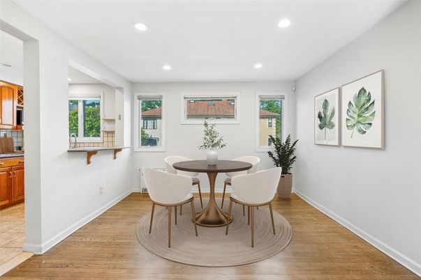 Dining room, Interior, Recessed Lighting, Wood Texture Flooring