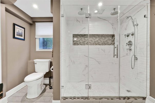 Bathroom, Glass Shower, Interior, Marble Walls, Recessed Lighting