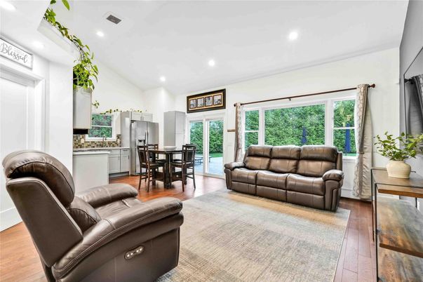 Dining room, Interior, Kitchen, Living room, Recessed Lighting, Wood Texture Flooring