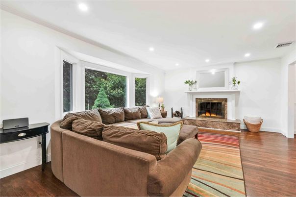 Fireplace, Interior, Living room, Recessed Lighting, Wood Texture Flooring
