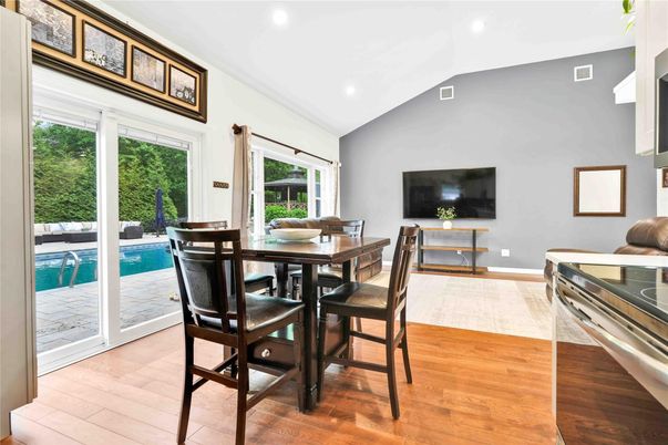 Dining room, Interior, Recessed Lighting, Wood Texture Flooring