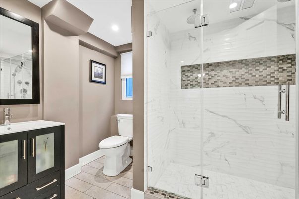 Bathroom, Glass Shower, Interior, Marble Walls, Recessed Lighting