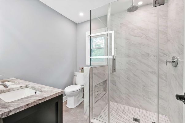 Bathroom, Glass Shower, Interior, Marble Walls, Recessed Lighting