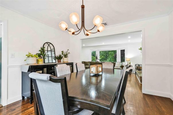 Dining room, Interior, Living room, Recessed Lighting, Wood Texture Flooring