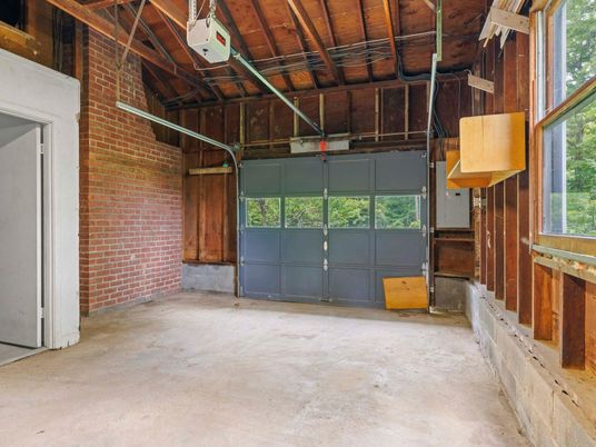 Garage, Interior, Stone Walls, Wooden Beams