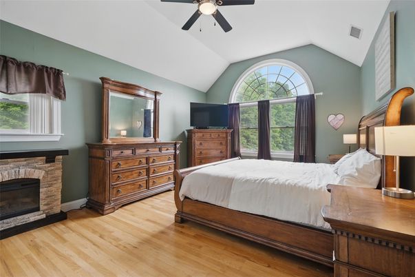 Bedroom, Fireplace, Interior, Wood Texture Flooring