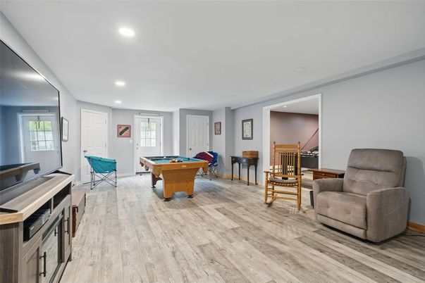 Billiard Table, Game Room, Interior, Recessed Lighting, Wood Texture Flooring