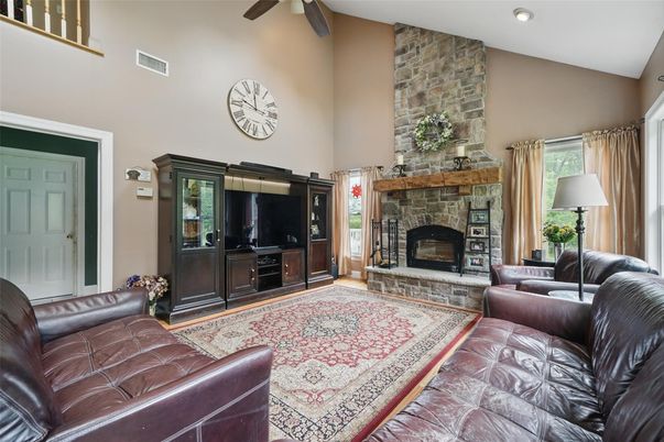 Fireplace, Interior, Living room, Recessed Lighting, Stone Walls