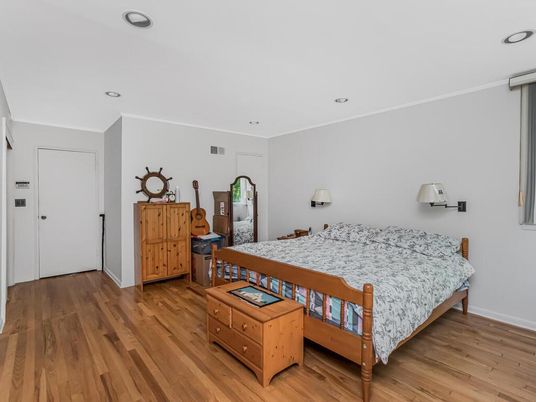 Bedroom, Interior, Recessed Lighting, Wood Texture Flooring