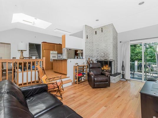 Fireplace, Interior, Kitchen, Living room, Stone Walls, Wood Texture Flooring