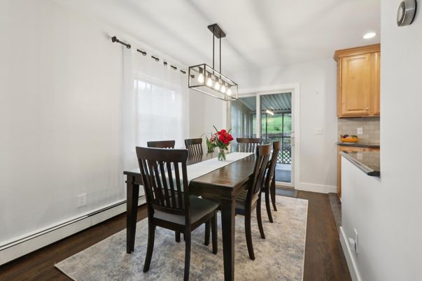 Dining room, Interior, Pendant Lights, Recessed Lighting, Wood Texture Flooring