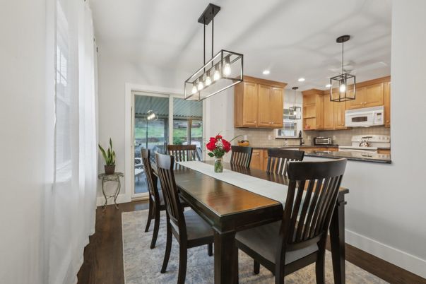 Dining room, Interior, Kitchen, Pendant Lights, Recessed Lighting, Wood Texture Flooring