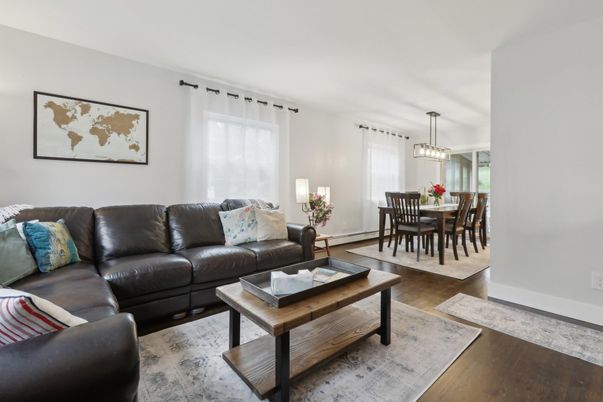Dining room, Interior, Living room, Pendant Lights, Wood Texture Flooring