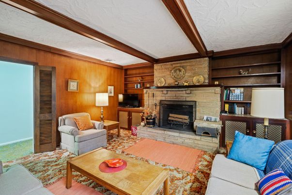Fireplace, Interior, Living room, Stone Walls, Wood Texture Flooring, Wooden Walls