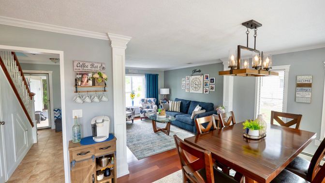Dining room, Interior, Living room, Pendant Lights, Wood Texture Flooring
