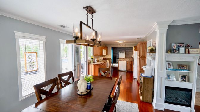 Dining room, Interior, Kitchen, Pendant Lights, Wood Texture Flooring