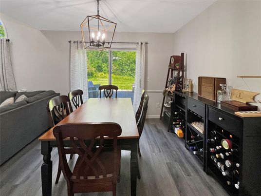 Dining room, Interior, Pendant Lights, Wood Texture Flooring