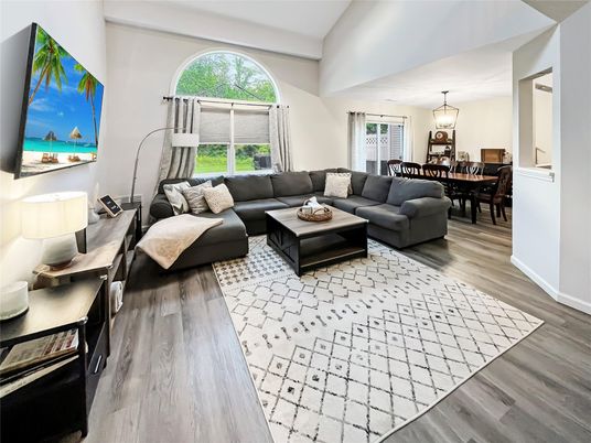 Dining room, Interior, Living room, Pendant Lights, Wood Texture Flooring