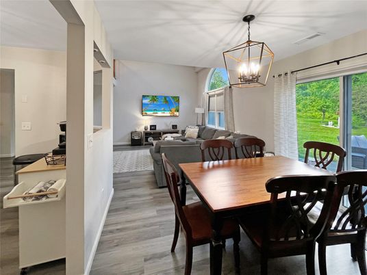 Dining room, Interior, Living room, Pendant Lights, Wood Texture Flooring