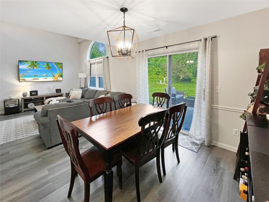 Dining room, Interior, Living room, Pendant Lights, Wood Texture Flooring
