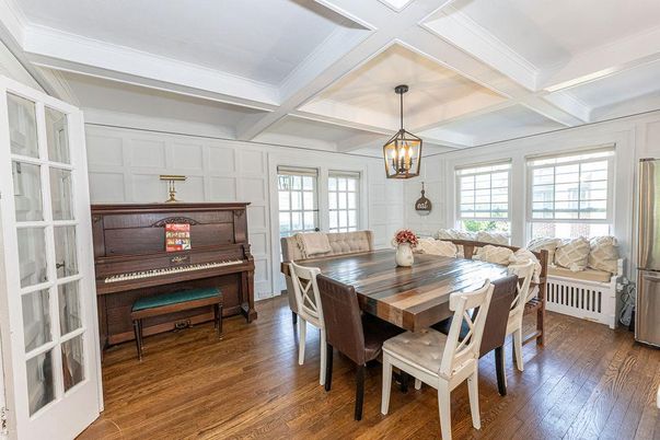Dining room, Interior, Pendant Lights, Piano, Wood Texture Flooring